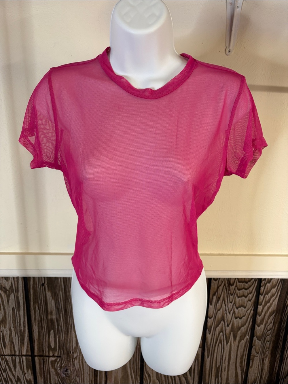 Sheer Hot Pink Mesh Crop Top - Women's Short Sleeve